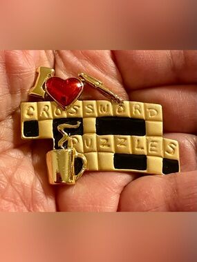 Gold-Tone 'I Love Crossword Puzzles' Enamel Brooch with Red Heart Accent
